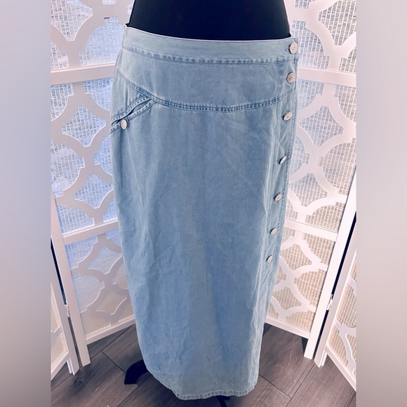 XL LAFEI-NIER COTTON LONG SKIRT DENIM JEAN CHAMBRAY BEADED BLUE SOFT BOHO - Picture 12 of 15